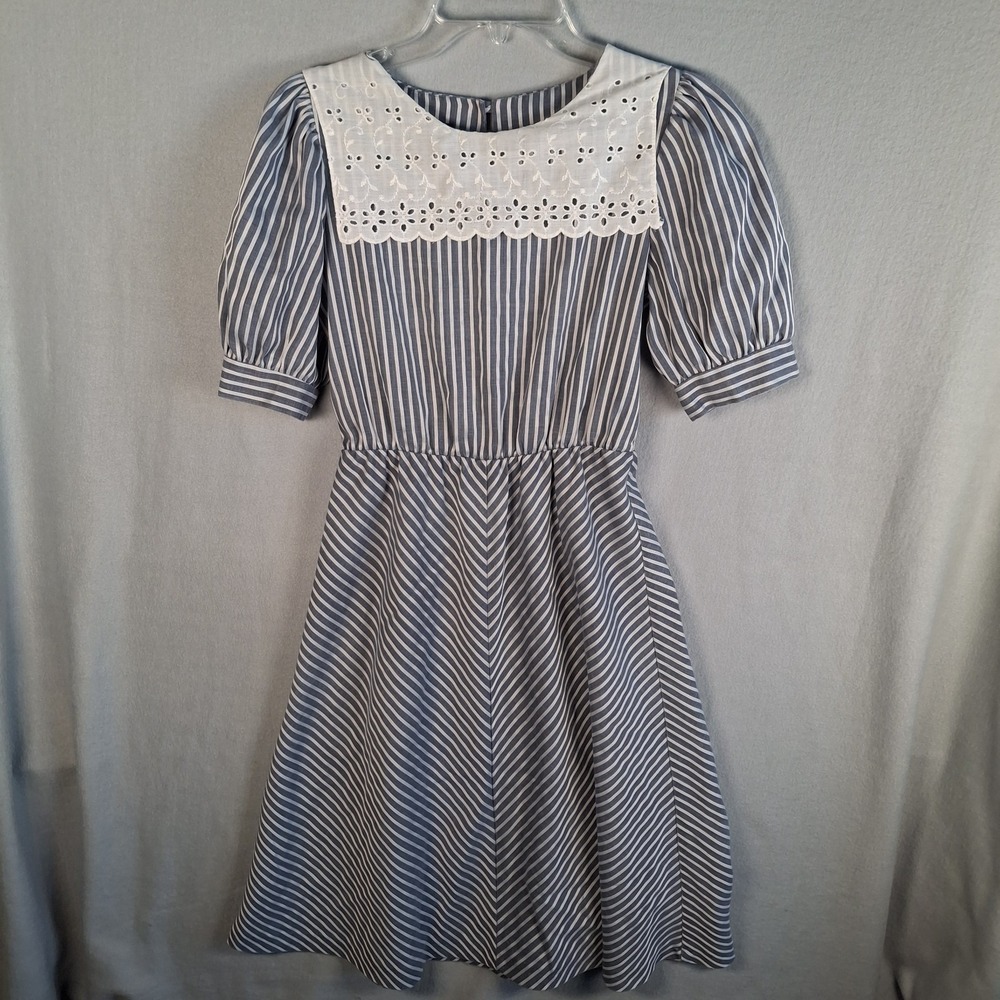 Vtg 70s 80s Abby of California XS Striped Dress Eyelet Lace Collar Puff Sleeve